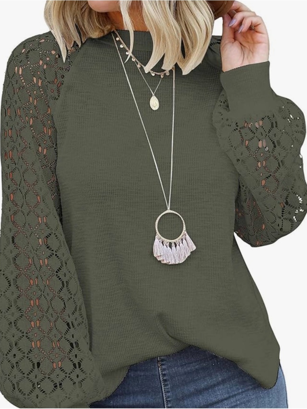 Olive Crochet Balloon Sleeve Pullover